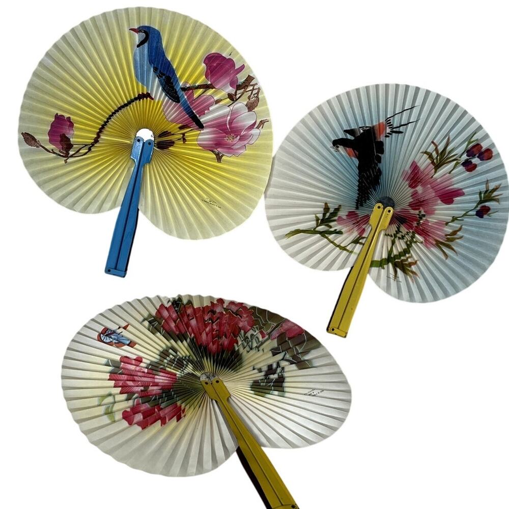 Vintage 1949-1960 PRC Set of 3 Paper Hand Fans Folding Bird Flowers Metal Handle - Picture 1 of 10